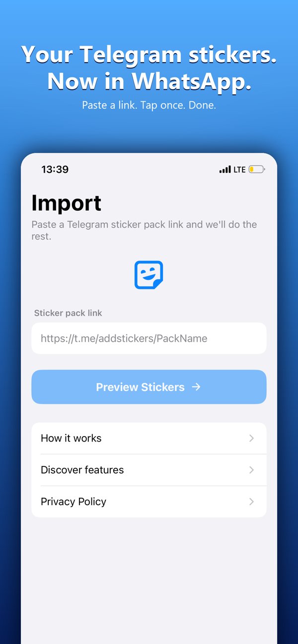 StickerBridge Import screen: paste a Telegram sticker pack link
